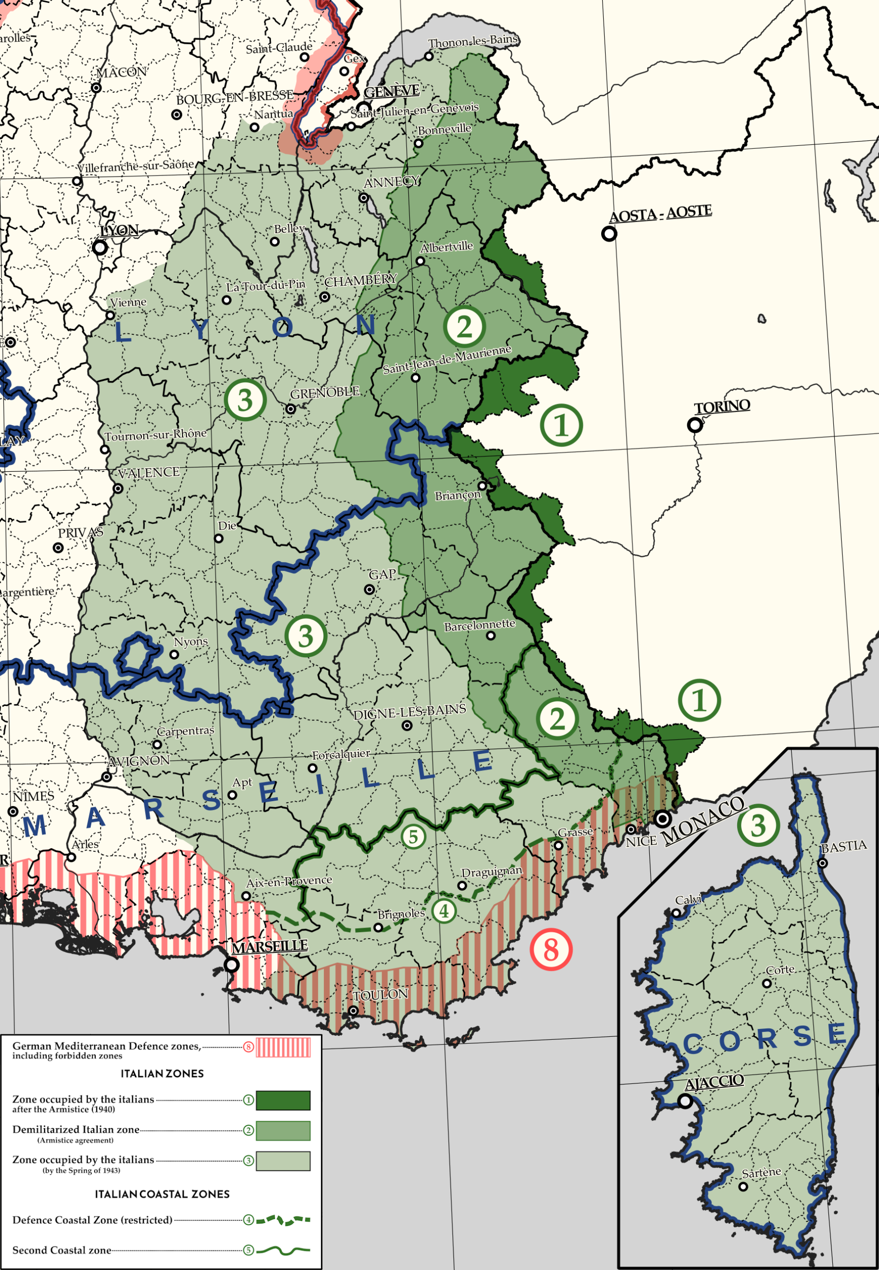 Carte de la France occupée de 1940 à 1943 mettant en évidence la zone d'occupation italienne du Sud-Est