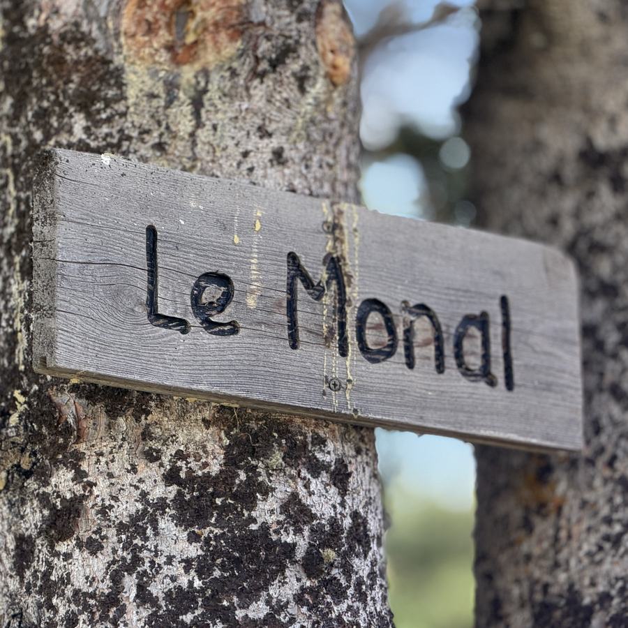 Panneau de bois gravé « Le Monal » fixé sur un tronc